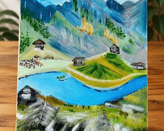 Peinture acrylique originale : Paysage de montagne, rivière bleue, village