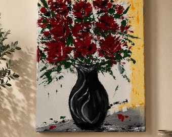 Peinture acrylique originale : Fleurs rouges dans un vase noir