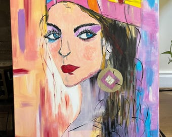 Original Acrylic Portrait Painting: Bohemian Girl with Geometric Earring (40.6x50.5cm)