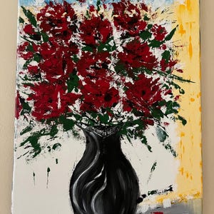 May include: An acrylic painting on canvas featuring a bouquet of vibrant red flowers with green leaves arranged in a black vase. The background consists of a light blue sky area, a vertical yellow panel on the right, and a gray surface at the base.