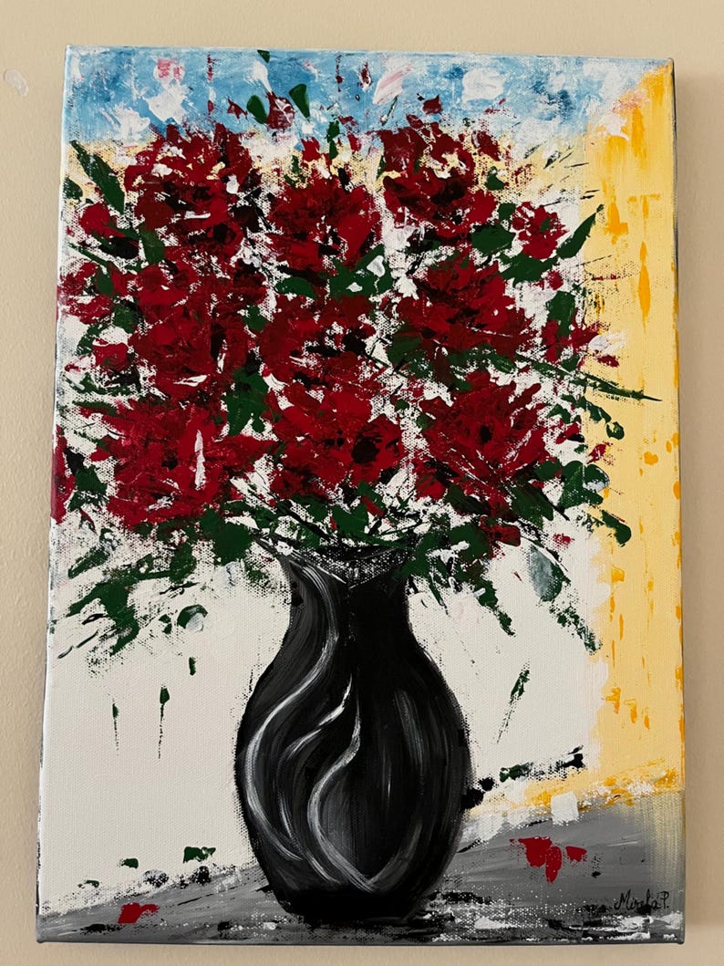 May include: An acrylic painting on canvas featuring a bouquet of vibrant red flowers with green leaves arranged in a black vase. The background consists of a light blue sky area, a vertical yellow panel on the right, and a gray surface at the base.