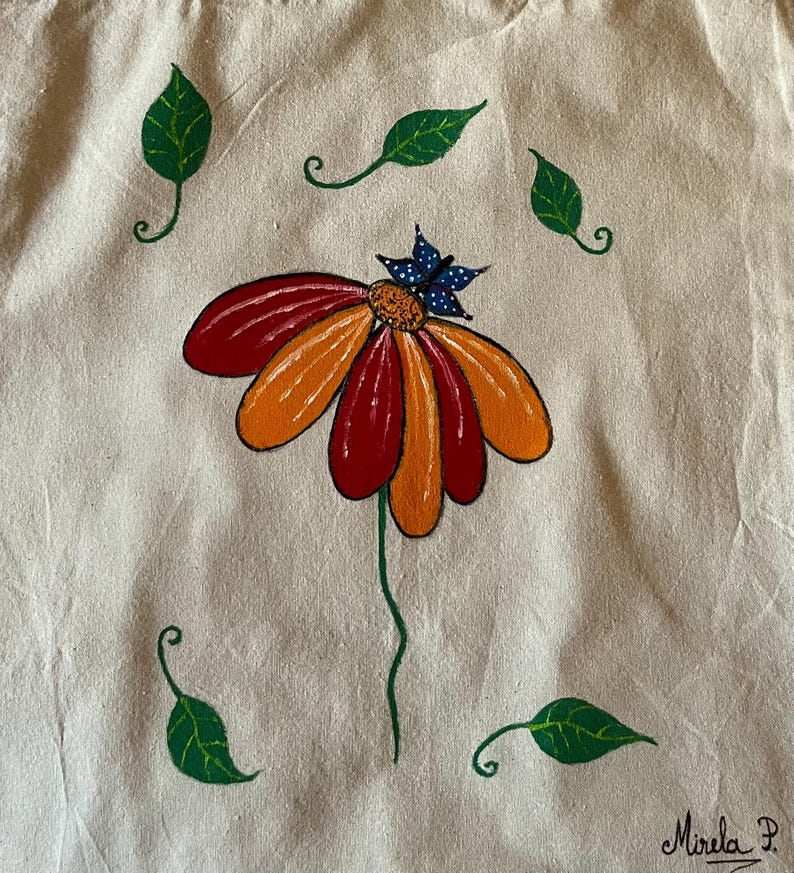 Hand-painted cotton tote bag with flower and butterfly