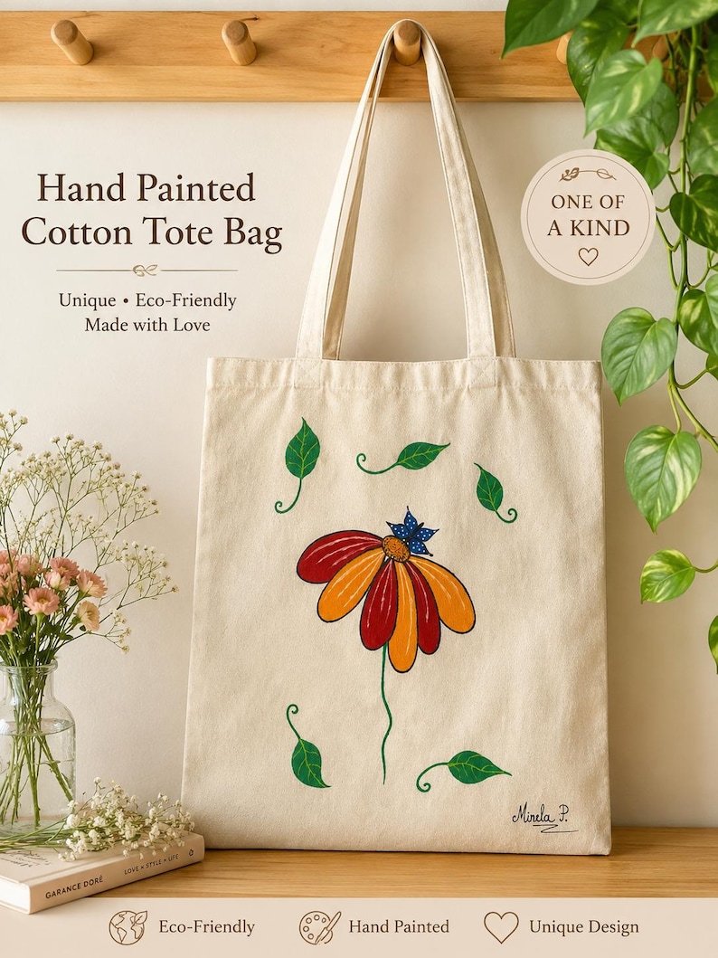 May include: A cream-colored cotton tote bag featuring a hand-painted design of a large flower with red and orange petals, a blue butterfly on top, and scattered green leaves. The text "Hand Painted Cotton Tote Bag" and "ONE OF A KIND" appear.