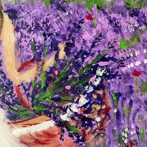 May include: An acrylic painting on canvas featuring a dense field of purple lavender flowers with visible green stems and leaves. The composition includes small accents of bright red and white paint, with textured brushstrokes throughout the artwork.