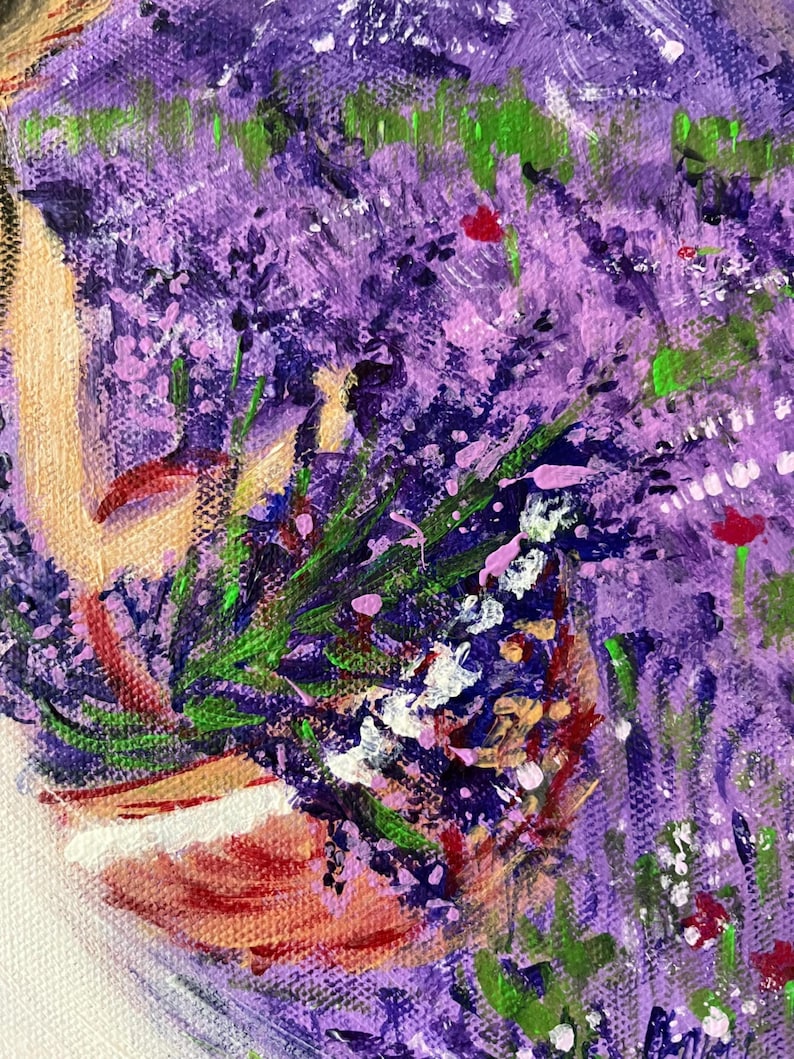 May include: An acrylic painting on canvas featuring a dense field of purple lavender flowers with visible green stems and leaves. The composition includes small accents of bright red and white paint, with textured brushstrokes throughout the artwork.