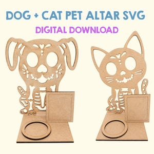 Puede incluir: Dos recortes de altar para mascotas en madera de color marrón claro con forma de perro y gato con diseños de esqueleto, cada uno con un marco cuadrado y una base circular. El texto DOG + CAT PET ALTAR SVG DIGITAL DOWNLOAD aparece arriba.