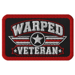 May include: A rectangular embroidered patch with a black background and a red border. The text WARPED is arched above a central circular emblem featuring a white star with wings. Below this, the word VETERAN is displayed with a small star on each side.