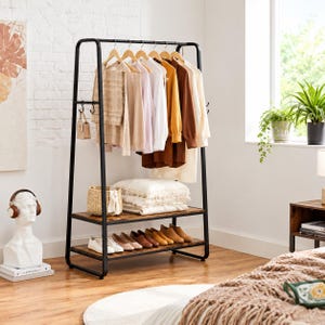 Industrial Clothes Rack with Wooden Shelves and 6 Hooks, Metal Garment Rail for Bedroom Storage