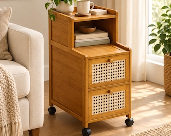 Bamboo Nightstand with Rattan Doors, 2-Drawer Bedside Table on Wheels