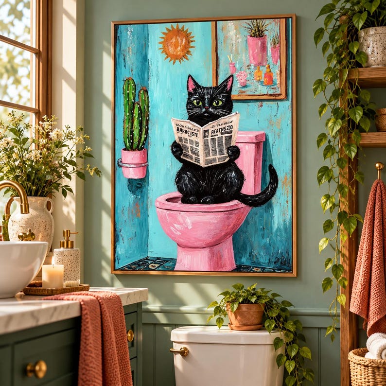 Funny Black Cat Paint by Numbers Kit, Pink Toilet Bathroom Art - Etsy