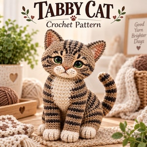 May include: A crocheted tabby cat figurine with brown and black stripes, a cream-colored chest, and green eyes. The text above the cat reads TABBY CAT Crochet Pattern. The cat has pointed ears, a small pink nose, and a long, striped, upright tail.