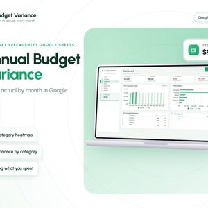 Könnte beinhalten: Eine digitale Tabellenkalkulation für jährliche Budgetabweichungen in Google Sheets auf einem Laptop-Bildschirm. Die Benutzeroberfläche zeigt ein Dashboard mit Balkendiagrammen, Kategorie-Heatmaps und Abweichungsanalysen sowie den Text Annual Budget Variance.