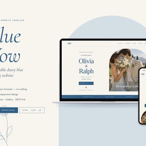 May include: A digital wedding website template titled Blue Vow displayed on a laptop and smartphone screen. The design features dusty blue text, a photo of a couple, and navigation menus on a cream background with line art flower illustrations.