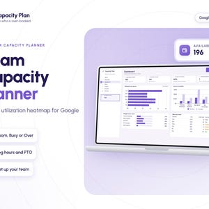 May include: A digital Team Capacity Planner interface for Google Sheets displayed on a laptop screen. The dashboard features purple bar charts, utilization metrics, and a summary box showing 196 available hours. Text includes Capacity Plan, Team Capacity Planner, Room, Busy or Over, Log hours and PTO, and Set up your team.