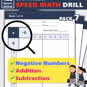 May include: A Japanese Speed Math Drill worksheet pack featuring 20 sheets and 2000 problems. The page shows a 100 square method grid for addition and subtraction with negative numbers, including fields for name, date, and score, plus two cartoon students.