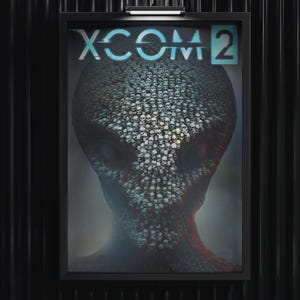 Può includere: Un poster rettangolare incorniciato con il testo XCOM 2 in lettere blu nella parte superiore. L'immagine centrale raffigura una grande testa scura dall'aspetto alieno composta da numerosi piccoli teschi umani pallidi su uno sfondo scuro.