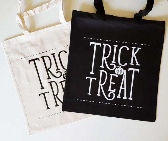 Handmade Nicole Colinarez "Trick or Treat" Tote Bag - Hand Lettered Canvas Tote Bag - Halloween Candy Bag - Handmade Trick Or Treat Bag