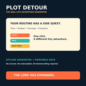 Op de afbeelding: Een donkerblauwe afbeelding met de tekst PLOT DETOUR THE REAL-LIFE ADVENTURE GENERATOR. Het bevat een crèmekleurig vak met de tekst YOUR ROUTINE HAS A SIDE QUEST, Time, Budget, Courage, Company, Quest, Rule, Plot Twist en One click. A different tiny adventure. Daaronder staat OFFLINE GENERATOR + PRINTABLE DECK en THE LORE HAS EXPANDED.