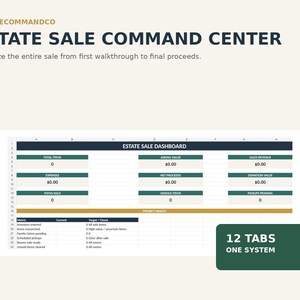 Puede incluir: Una plantilla de hoja de cálculo digital titulada Estate Sale Command Center de Hustlecommandco. El panel presenta encabezados en azul oscuro, verde azulado y dorado con celdas para rastrear el total de artículos y los ingresos.