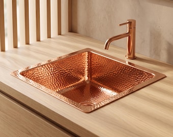 Artisan Hammered Copper Washbowl, Drop In Square Bathroom Basin