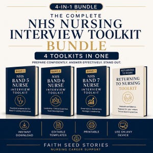 May include: A 4-in-1 digital bundle for NHS nursing interviews, featuring four guides: Band 5, Band 6, Band 7, and Returning to Work. The dark blue and cream covers display titles, icons, and text including Prepare confidently. Answer effectively. Stand out.