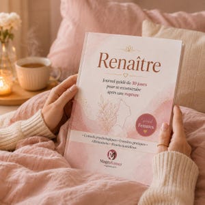 May include: A softcover book titled Renaître, a 30-day guided journal for rebuilding after a breakup. The cover features a pink watercolour design, a line art illustration of a person, and text including Conseils psychologiques, Exercices pratiques, Affirmations, Rituels quotidiens, and the MagmAmour logo.