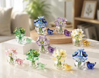 Mini Glass Flowers and Birds, Handmade Glass Flower Vase, Tiny Lampwork Floral Ornament, Everlasting Flower, Miniature Desk Decor Gift