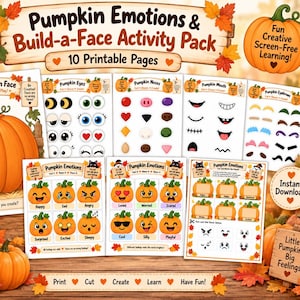 Può includere: Un pacchetto di attività Pumpkin Emotions and Build-a-Face con 10 pagine stampabili contenenti illustrazioni di occhi, nasi, bocche, sopracciglia di zucca e tabelle delle emozioni. Il set include istruzioni per ritagliare e creare.