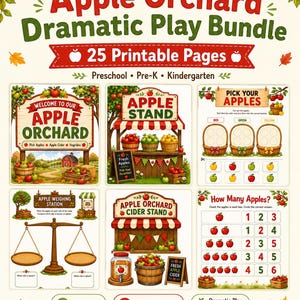 Peut inclure: Un ensemble de jeu dramatique sur le thème du verger de pommes comprenant 25 pages imprimables pour la maternelle. Le kit inclut des panneaux pour un stand de pommes, un stand de cidre et une station de pesée, ainsi que des fiches d'activités.