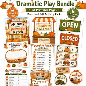 May include: A 28-page printable Pumpkin Patch dramatic play bundle featuring preschool fall activity sheets. Includes signs for a pumpkin stand, price lists, order forms, open and closed signs, play money, hayride tickets, and cashier badges.