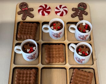Tic tac toe game gingerbread and hot chocolate fun gifts children board games toys Christmas Birthday holidays,biscuit cookies.