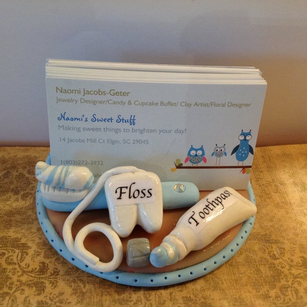 Polymer clay business card holder, desktop card holder, handmade with polymer clay, Dental Hygiene, Dentist, dental office