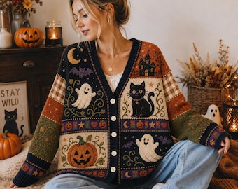 Vintage Halloween Black Cat Knit Cardigan – Ghost Pumpkin Bat Haunted House Patchwork Sweater