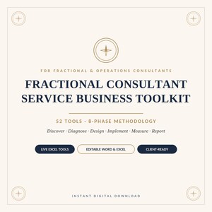 May include: A digital document titled Fractional Consultant Service Business Toolkit for fractional and operations consultants. It features an 8-phase methodology, 52 tools, and buttons labeled Live Excel Tools, Editable Word and Excel, and Client-Ready.