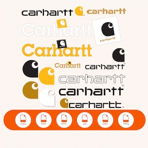 May include: A collection of Carhartt brand logos in various styles, colors, and orientations, including black, white, yellow, and brown versions. Below the logos, an orange horizontal bar contains six white icons labeled SVG, PDF, EPS, AI, DXF, and PNG.