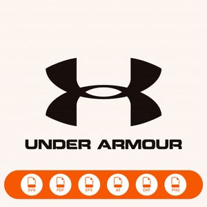 Op de afbeelding: Het zwarte Under Armour-logo staat gecentreerd boven de tekst "UNDER ARMOUR" in een vet, schreefloos lettertype. Daaronder bevindt zich een oranje horizontale balk met zes witte ronde iconen, elk gelabeld met de bestandsformaten: SVG, PDF, EPS, AI, DXF en PNG.