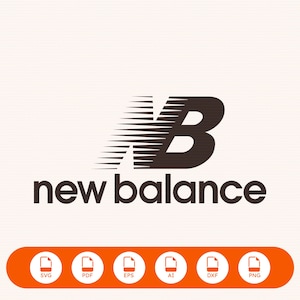 Puede incluir: Un logotipo negro de New Balance con las letras NB con un efecto de desenfoque de movimiento horizontal, situado sobre el texto new balance en una fuente sans-serif. Debajo, una barra naranja contiene seis iconos blancos etiquetados como SVG, PDF, EPS, AI, DXF y PNG.