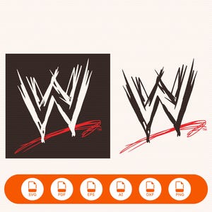 May include: The WWE logo features a stylized, scratchy letter W in white on a dark square and in black on a light background, both underlined by a red, scribbled horizontal line. Below, an orange bar contains six white file format icons: SVG, PDF, EPS, AI, DXF, and PNG.