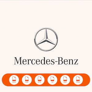 Puede incluir: El logotipo de Mercedes-Benz con una estrella plateada de tres puntas dentro de un círculo, con el texto Mercedes-Benz debajo. Una barra horizontal naranja en la parte inferior contiene seis iconos circulares blancos etiquetados como SVG, PDF, EPS, AI, DXF y PNG.