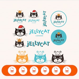 Può includere: Una collezione di design grafici Jellycat London con volti di gatti neri, arancioni e blu con campanellini sulla testa, alcuni con cappelli da Babbo Natale, insieme al testo Jellycat London e icone di formati file come SVG, PDF e PNG.