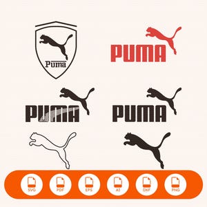 Peut inclure: Une collection de logos de la marque Puma dans divers styles, incluant un emblème en forme de bouclier, des versions en texte rouge et noir, un design rayé et une silhouette de félin bondissant. Une barre orange affiche les formats SVG, PDF, EPS, AI, DXF et PNG.