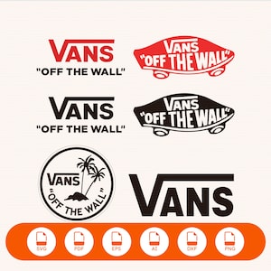 以下が含まれることがあります： 赤と黒のVans Off The Wallのテキスト、ヤシの木が描かれた円形ロゴ、大きな黒いVansのワードマークを含むVansロゴのコレクション。下部にはSVG、PDF、EPS、AI、DXF、PNGとラベル付けされた6つのオレンジ色の円形アイコンが並んでいます。