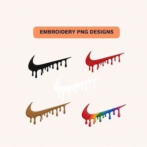 May include: A digital graphic featuring four swoosh logo designs with a dripping effect, labeled EMBROIDERY PNG DESIGNS. The logos appear in solid black, solid red, solid brown, and a multi-colored rainbow gradient, all displaying a textured embroidery stitch pattern.