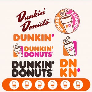 May include: A collection of Dunkin' Donuts logos and text variations in orange, pink, and dark brown. The designs include the full brand name, the shortened Dunkin' text, a coffee cup icon, and a stacked DN KN graphic, all displayed on a light background.
