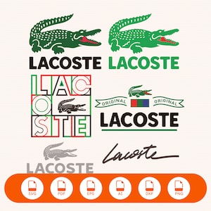 Może przedstawiać: Kolekcja logo marki Lacoste z zielonymi ikonami krokodyla, słowem LACOSTE w różnych czcionkach i stylach oraz odręcznym podpisem. Poniżej znajduje się sześć okrągłych ikon z etykietami SVG, PDF, EPS, AI, DXF i PNG na pomarańczowym tle.