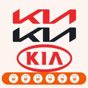 May include: A collection of Kia logos including the modern red and black stylized wordmarks, the classic red oval emblem, and a horizontal orange bar containing six circular icons labeled SVG, PDF, EPS, AI, DXF, and PNG file formats.