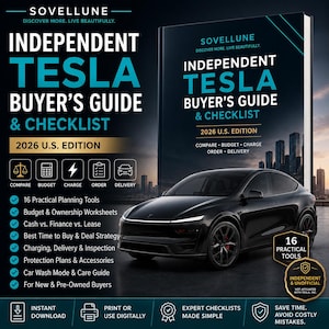 Könnte beinhalten: Ein digitales Buchcover mit dem Titel Independent Tesla Buyer's Guide & Checklist 2026 U.S. Edition und einem schwarzen Tesla. Der Text enthält Compare, Budget, Charge, Order, Delivery und listet 16 praktische Planungswerkzeuge auf.