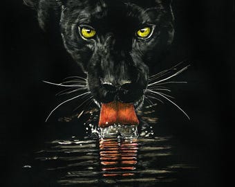 Thirsty Panther, Print of an Original Scratchboard Drawing, Mounted in 8”x10” White Mat