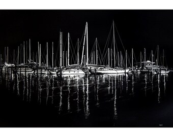 South Yacht Club, Print of an Original Scratchboard Drawing, Mounted in 8”x10” White Mat