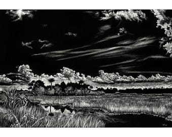 Cruickshank Trail, Print of an Original Scratchboard Drawing, Mounted in 8”x10” White Mat
